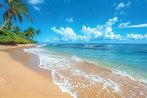 Serene seaside escapes featuring golden sands, azure waters, verdant palms, and the dance of sunlight on the sea photo