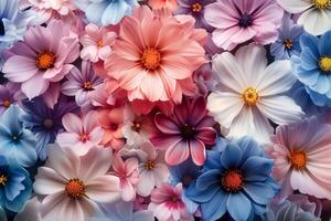 A vibrant display of assorted colorful flowers in full bloom, creating a lively and cheerful background photo