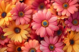 A vibrant display of assorted colorful flowers in full bloom, creating a lively and cheerful background photo