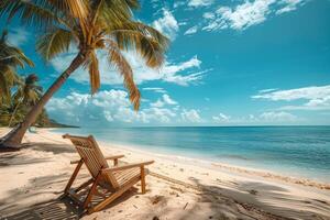 Tranquil tropical beaches with crystal-clear waters, white sands, and lush palm trees under a sunny sky photo