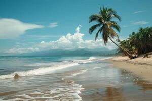 Serene seaside escapes featuring golden sands, azure waters, verdant palms, and the dance of sunlight on the sea photo