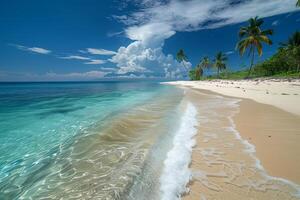 Tranquil tropical beaches with crystal-clear waters, white sands, and lush palm trees under a sunny sky photo