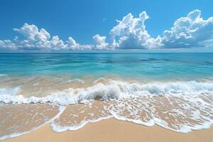 Tranquil tropical beaches with crystal-clear waters, white sands, and lush palm trees under a sunny sky photo