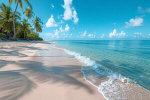 Serene seaside escapes featuring golden sands, azure waters, verdant palms, and the dance of sunlight on the sea photo