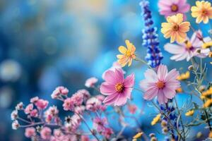 A vibrant display of assorted colorful flowers in full bloom, creating a lively and cheerful background photo