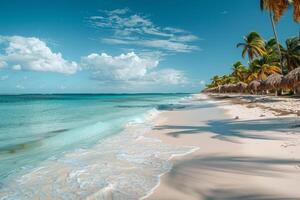 Serene seaside escapes featuring golden sands, azure waters, verdant palms, and the dance of sunlight on the sea photo