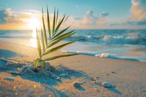 Serene seaside escapes featuring golden sands, azure waters, verdant palms, and the dance of sunlight on the sea photo