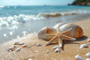 Serene seaside escapes featuring golden sands, azure waters, verdant palms, and the dance of sunlight on the sea photo