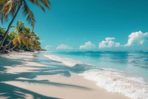 Tranquil tropical beaches with crystal-clear waters, white sands, and lush palm trees under a sunny sky photo