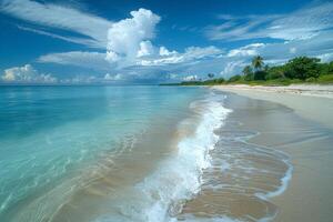 Tranquil tropical beaches with crystal-clear waters, white sands, and lush palm trees under a sunny sky photo