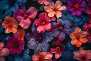 A vibrant display of assorted colorful flowers in full bloom, creating a lively and cheerful background photo