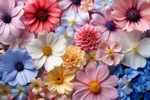 A vibrant display of assorted colorful flowers in full bloom, creating a lively and cheerful background photo