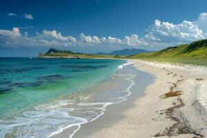 Tranquil tropical beaches with crystal-clear waters, white sands, and lush palm trees under a sunny sky photo