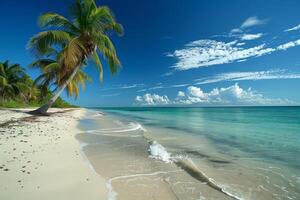 Serene seaside escapes featuring golden sands, azure waters, verdant palms, and the dance of sunlight on the sea photo