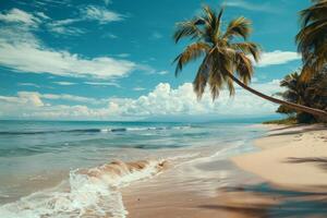 Serene seaside escapes featuring golden sands, azure waters, verdant palms, and the dance of sunlight on the sea photo