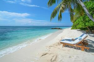 Tranquil tropical beaches with crystal-clear waters, white sands, and lush palm trees under a sunny sky photo