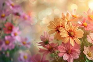 A vibrant display of assorted colorful flowers in full bloom, creating a lively and cheerful background photo