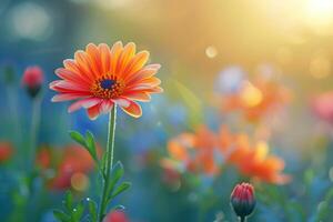 A vibrant display of assorted colorful flowers in full bloom, creating a lively and cheerful background photo