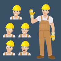 workman in jumpsuit and safety gear with set of face expression vector