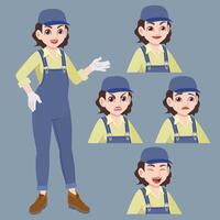 workwoman in jumpsuit and cap standing waved hand in gloves with set of face expression vector