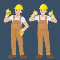 workman in jumpsuit and safety gear standing happy and satisfied vector