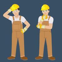 workman in jumpsuit and safety gear standing unhappy and worried vector