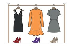 Woman wardrobe set. Collection of different black, orange and grey dresses with shoes on hanger vector