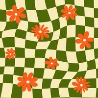 Hippie checkered seamless patterns with daisy flowers, groovy checkerboard backgrounds. Funky vintage aesthetic floral fashion textile print, retro psychedelic waves pattern with daisies set vector