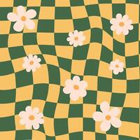 Hippie checkered seamless patterns with daisy flowers, groovy checkerboard backgrounds. Funky vintage aesthetic floral fashion textile print, retro psychedelic waves pattern with daisies set vector