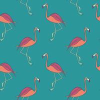 Seamless flamingo bird pattern. Repeated orange animal on blue vector