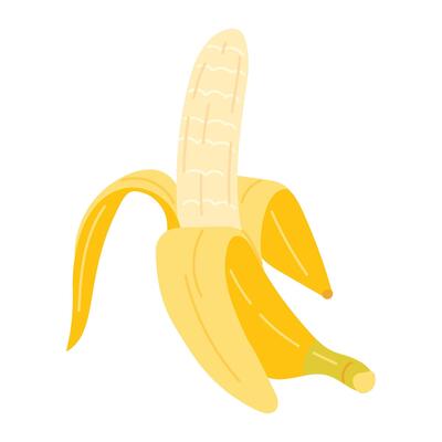 Cartoon Banana icon. Hand drawn ripe peeled banana, trendy flat style yellow fruit. Tropical fruit, banana snack or vegetarian nutrition. Isolated on white illustration