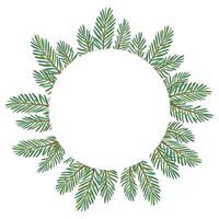 Christmas tree round frame for greeting card congratulations on new year, merry christmas. Christmas Larch, Pine evergreen tree. Hand drawn flat style isolated on white background illustration vector