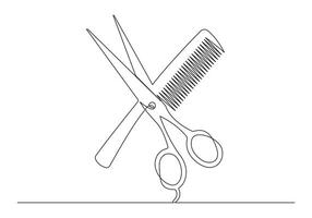 Continuous one line drawing of scissors and comb for barbershop on white background pro illustration vector