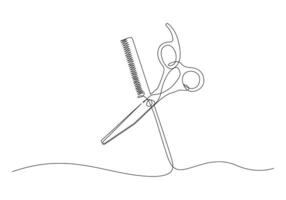 Continuous one line drawing of scissors and comb for barbershop on white background pro illustration vector