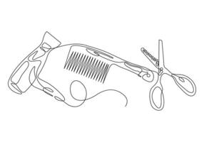 Continuous one line drawing of scissors and comb for barbershop on white background pro illustration vector