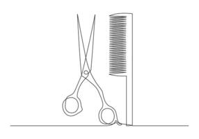 continuo uno línea dibujo de tijeras y peine para barbería en blanco antecedentes Pro ilustración vector