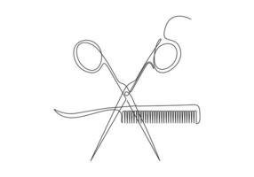 Continuous one line drawing of scissors and comb for barbershop on white background pro illustration vector