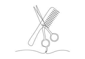 Continuous one line drawing of scissors and comb for barbershop on white background pro illustration vector