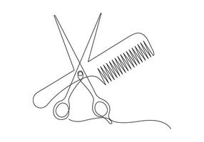continuo uno línea dibujo de tijeras y peine para barbería en blanco antecedentes Pro ilustración vector