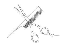 Continuous one line drawing of scissors and comb for barbershop on white background pro illustration vector