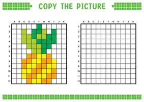 Copy the picture, complete the grid image. Educational worksheets drawing with squares, coloring cell areas. Children's preschool activities. Cartoon, pixel art. Pineapple illustration. vector