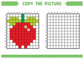 Copy the picture, complete the grid image. Educational worksheets drawing with squares, coloring cell areas. Children's preschool activities. Cartoon, pixel art. Pomegranate illustration. vector