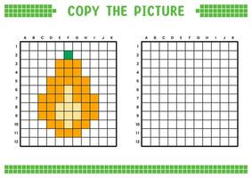 Copy the picture, complete the grid image. Educational worksheets drawing with squares, coloring cell areas. Children's preschool activities. Cartoon , pixel art. Papaya fruit illustration. vector