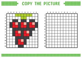 Copy the picture, complete the grid image. Educational worksheets drawing with squares, coloring cell areas. Children's preschool activities. Cartoon , pixel art. Red grapes illustration. vector