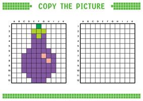 Copy the picture, complete the grid image. Educational worksheets drawing with squares, coloring cell areas. Children's preschool activities. Cartoon, pixel art. Purple eggplant illustration. vector