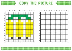 Copy the picture, complete the grid image. Educational worksheets drawing with squares, coloring cell areas. Children's preschool activities. Cartoon, pixel art. Banana illustration. vector