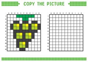 Copy the picture, complete the grid image. Educational worksheets drawing with squares, coloring cell areas. Children's preschool activities. Cartoon , pixel art. Green grapes illustration. vector