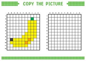 Copy the picture, complete the grid image. Educational worksheets drawing with squares, coloring cell areas. Children's preschool activities. Cartoon , pixel art. Ripe banana illustration. vector