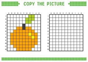 Copy the picture, complete the grid image. Educational worksheets drawing with squares, coloring cell areas. Children's preschool activities. Cartoon, pixel art. Grapefruit illustration. vector