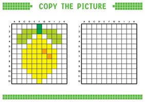 Copy the picture, complete the grid image. Educational worksheets drawing with squares, coloring cell areas. Children's preschool activities. Cartoon, pixel art. Lemon illustration. vector